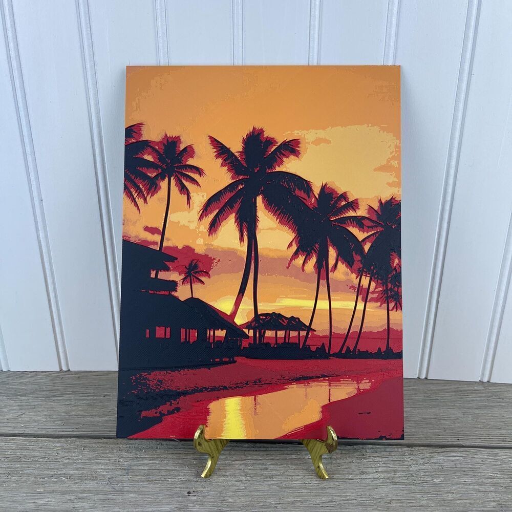 Sunset Wall Art, Palm Trees at Sunset, Orange Yellow Sky Text Art